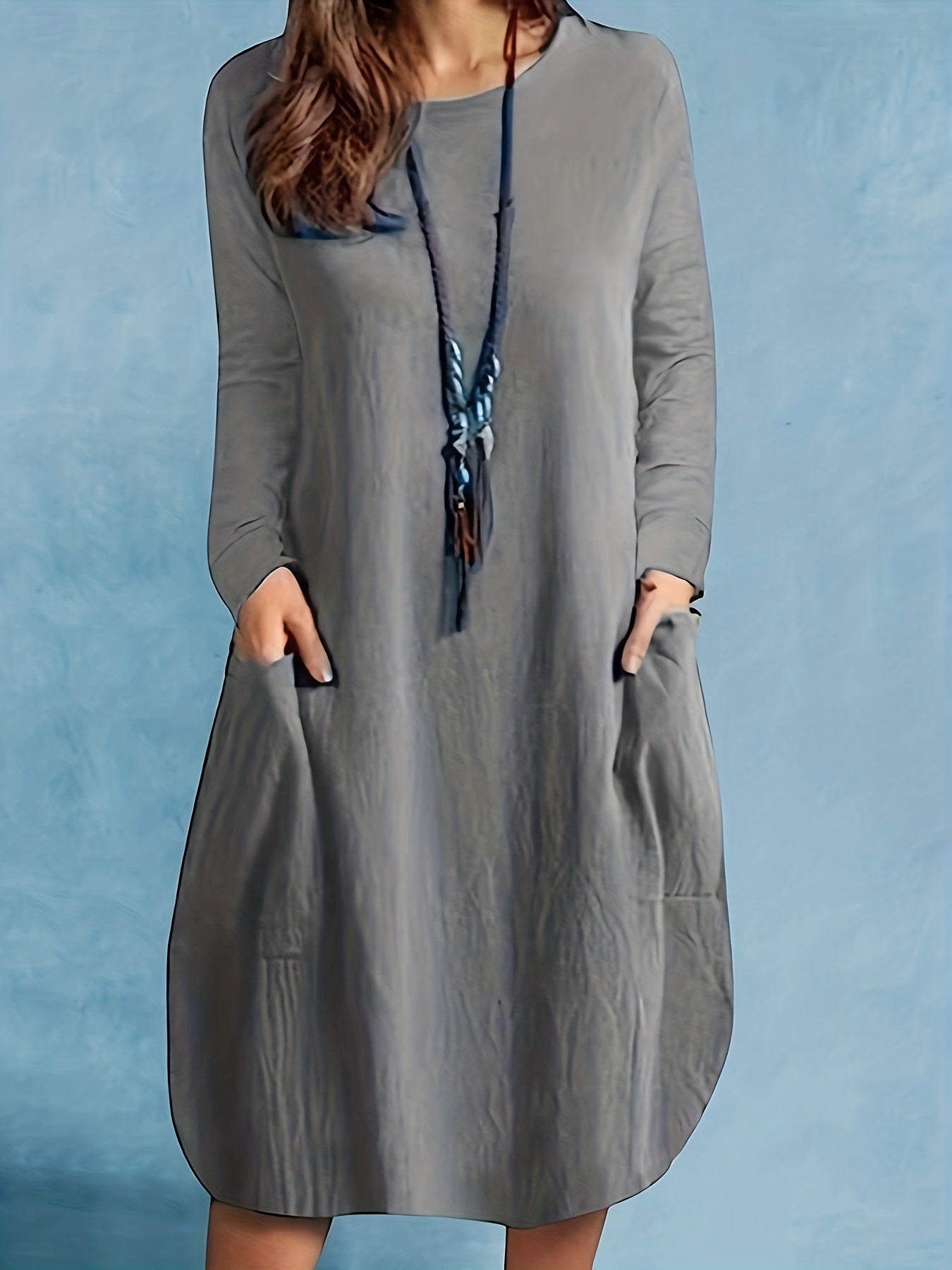 Solid Long Sleeve Round Neck Dress With Pockets