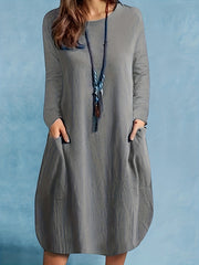 Solid Long Sleeve Round Neck Dress With Pockets