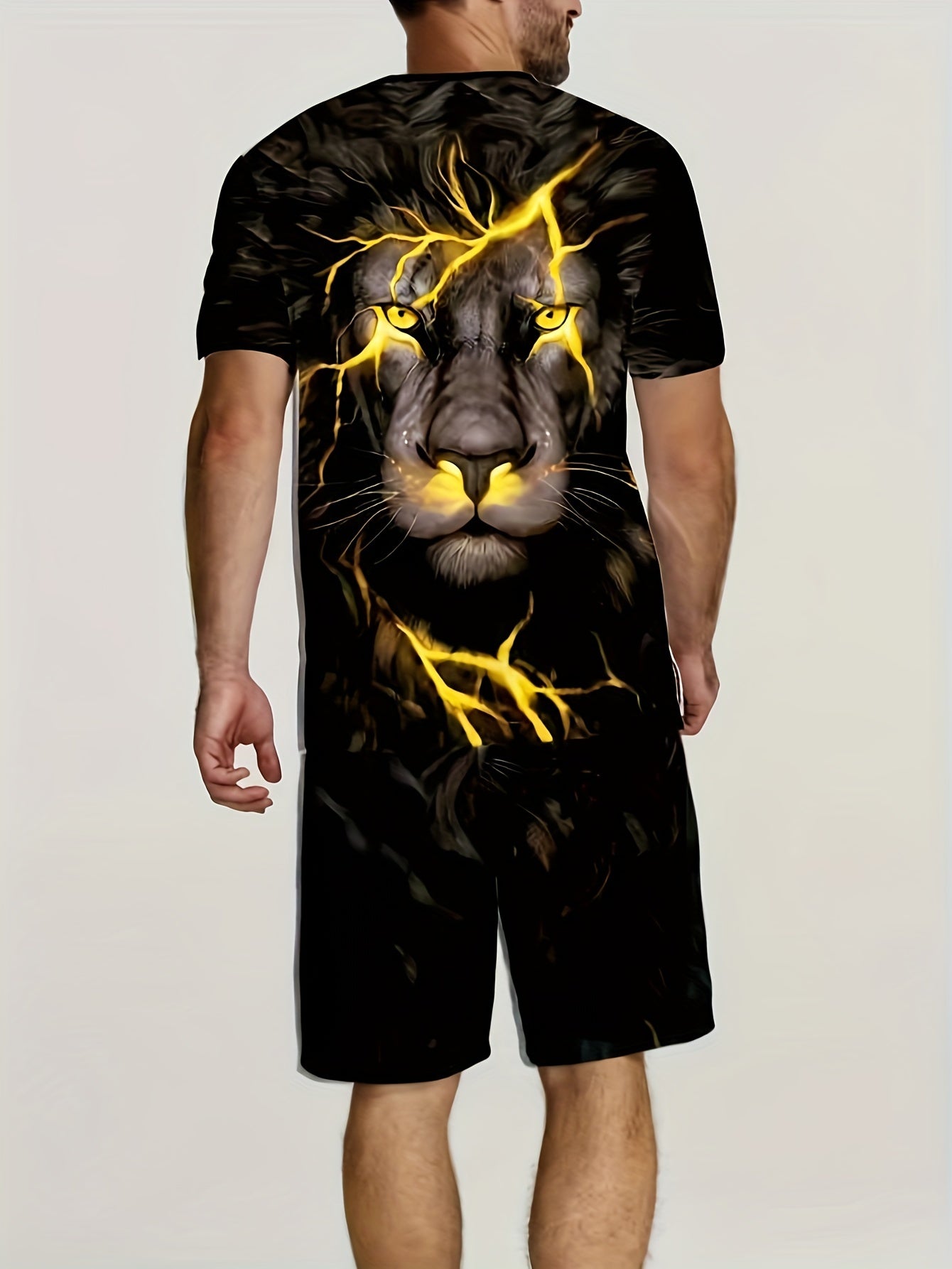 Lion 3D Pattern Mens Outfit T-shirt & Drawstring Shorts Set Summer Clothing