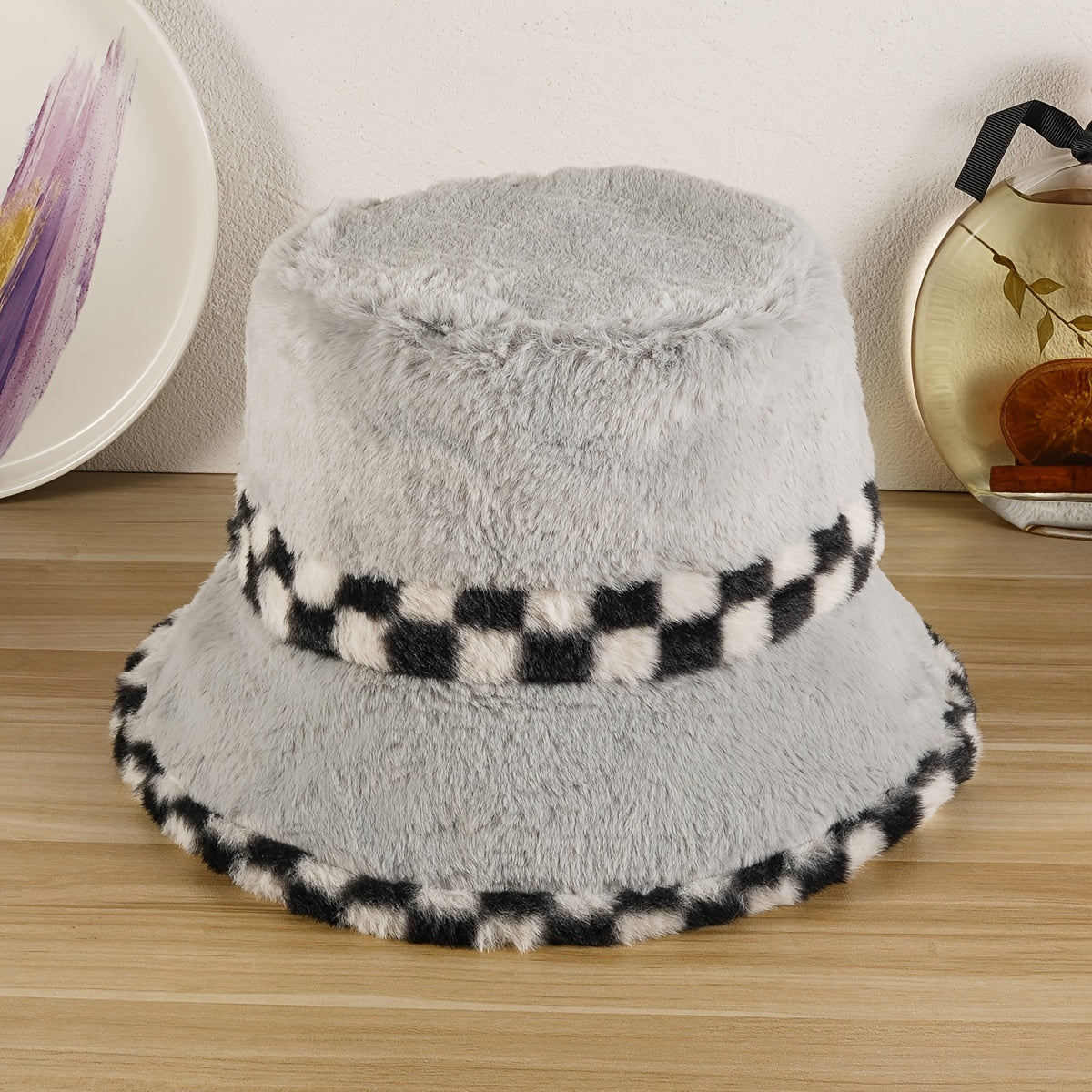 Plush Thickened Winter Fisherman Hat Checkerboard Lattice Contrast Ski Hat