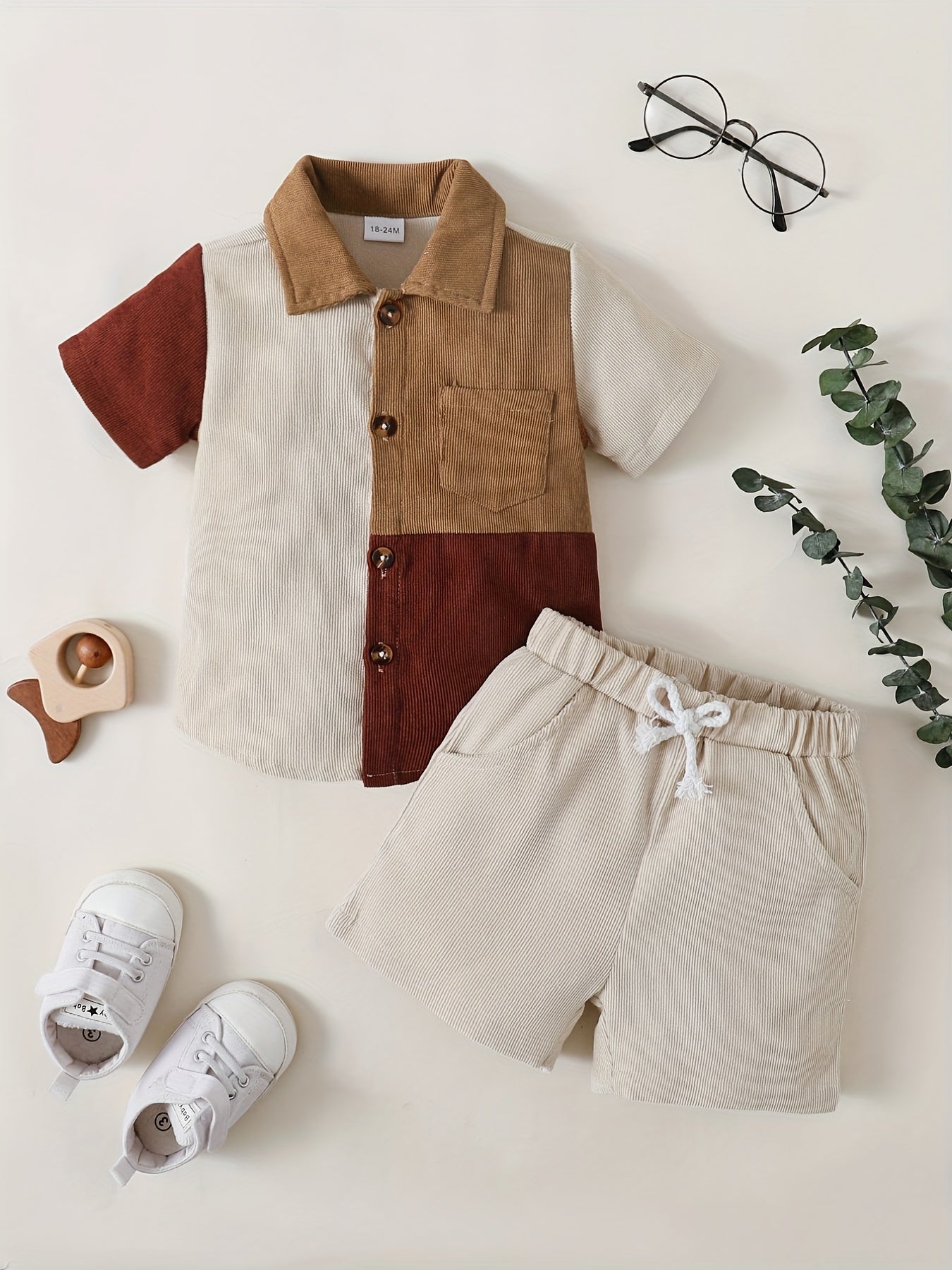 Boys Block Outfit Shorts & Shirt Short Sleeves Button Drawstring Waist