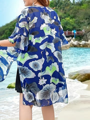 Women's Lotus Floral Leaf Print Sun Protection Cardigan Cover Up
