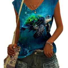 Turtle Print V neck Tank Top Cap Sleeve for Women