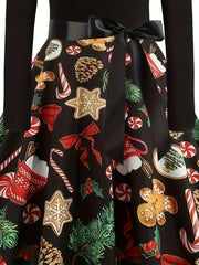 Colorblock Christmas Print Tie Front A-line Maxi Dress