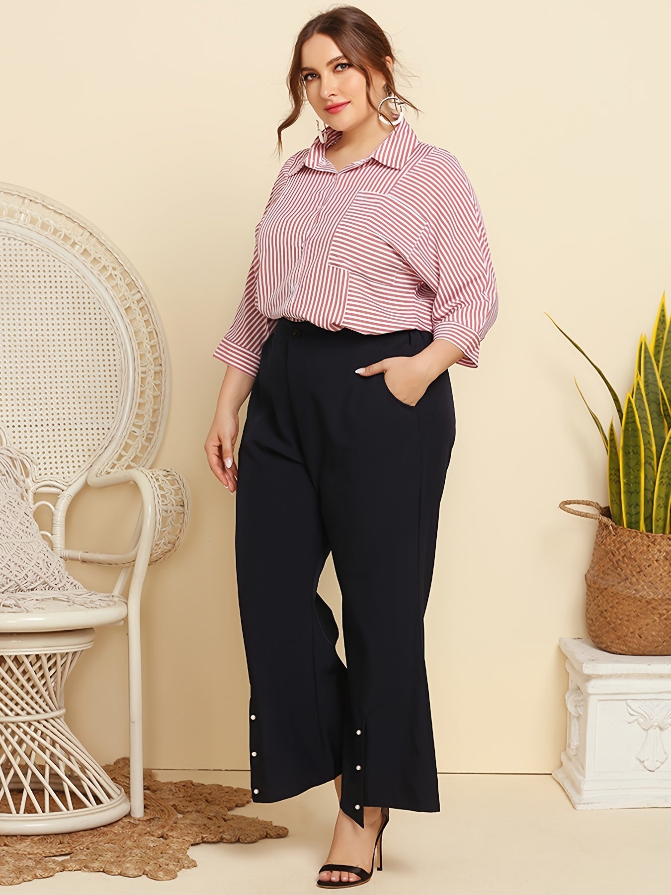 Striped Print Long Sleeve Shirt Women's Plus Button Front
