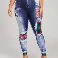 Denim & Plaid Print Skinny Leggings