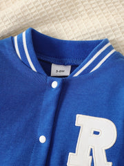 Baby Boy R Letter Patch Embroidered Long Sleeved Jumpsuit
