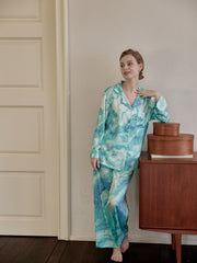 Wave Print Pajama Set Long Sleeve Top & Pants Women's Sleepwear