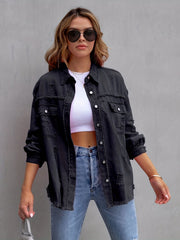 Oversized Denim Jacket Distressed Collar Long Sleeves Denim Coat