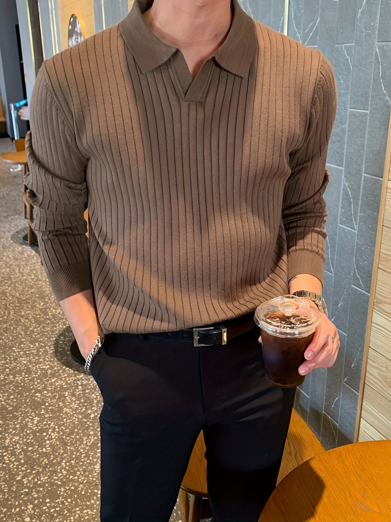 Men's Knit Polo Shirt V Neck Pullover Sweater