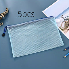 5pcs Mesh Zipper File Bag Stationery Waterproof Pen Office Data Ticket Storage