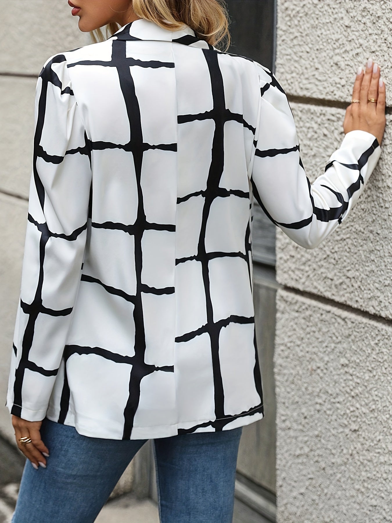 Plaid Print Blazer Open Front Outerwear Women's Clothing