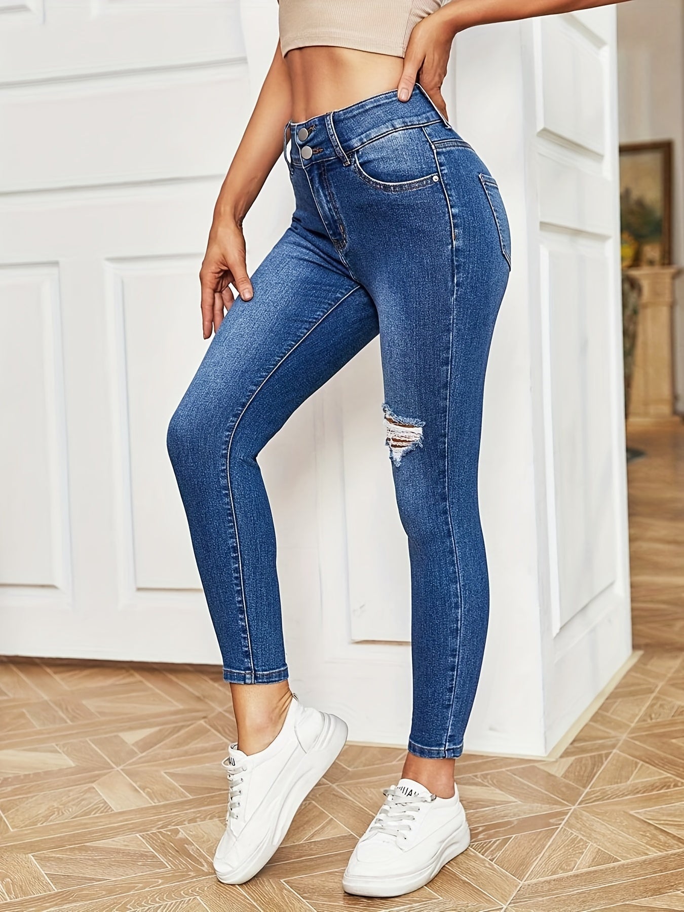 Double Button Ripped Skinny Jeans High Rise Washed Stretchy Denim Pants