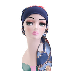 Navy Chain Print Turban Cap Satin Elastic Headband Wrap Hair Cap