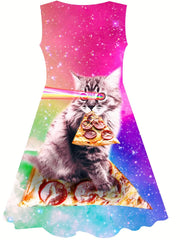 Girls 3D Cat Sleeveless Dress for Summer Outdoor
