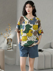 Cartoon Print Pajama Set Short Sleeve Top & Cozy Shorts Women's Loungewear