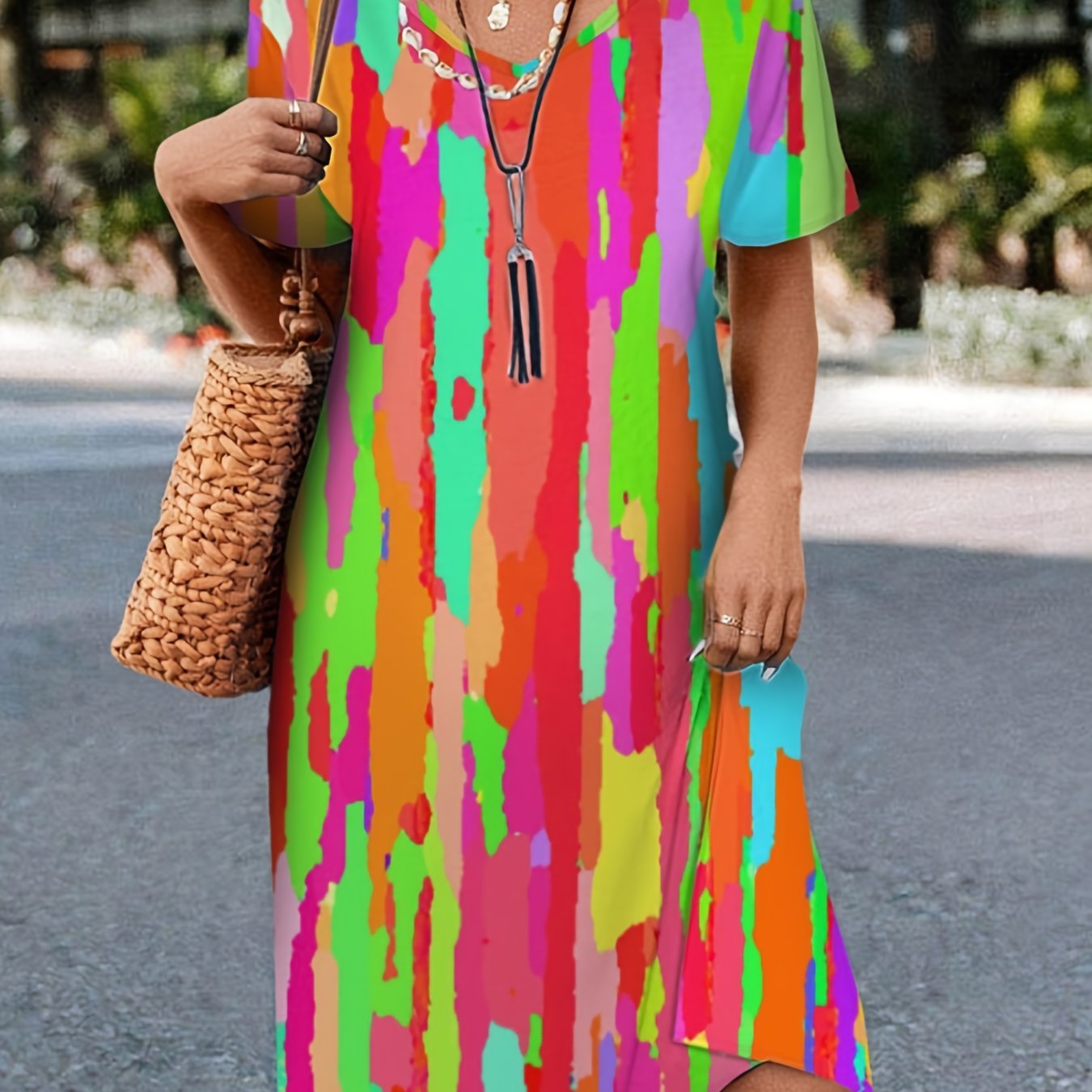 Splash Ink Print Dress V Neck Short Sleeve Casual Dress