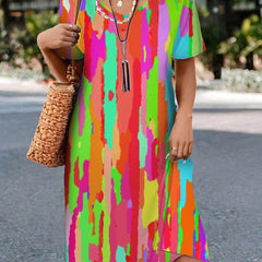 Splash Ink Print Dress V Neck Short Sleeve Casual Dress