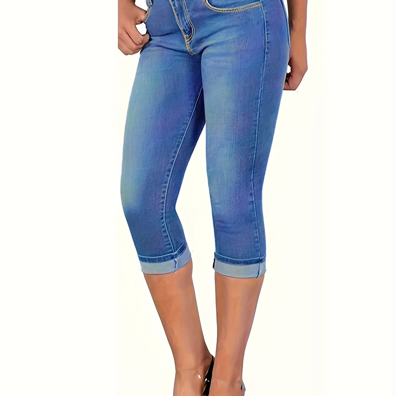 Slim Fit Cropped Jeans Slash Pockets Mid Stretch Capris Denim Pants