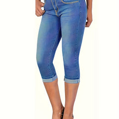 Slim Fit Cropped Jeans Slash Pockets Mid Stretch Capris Denim Pants
