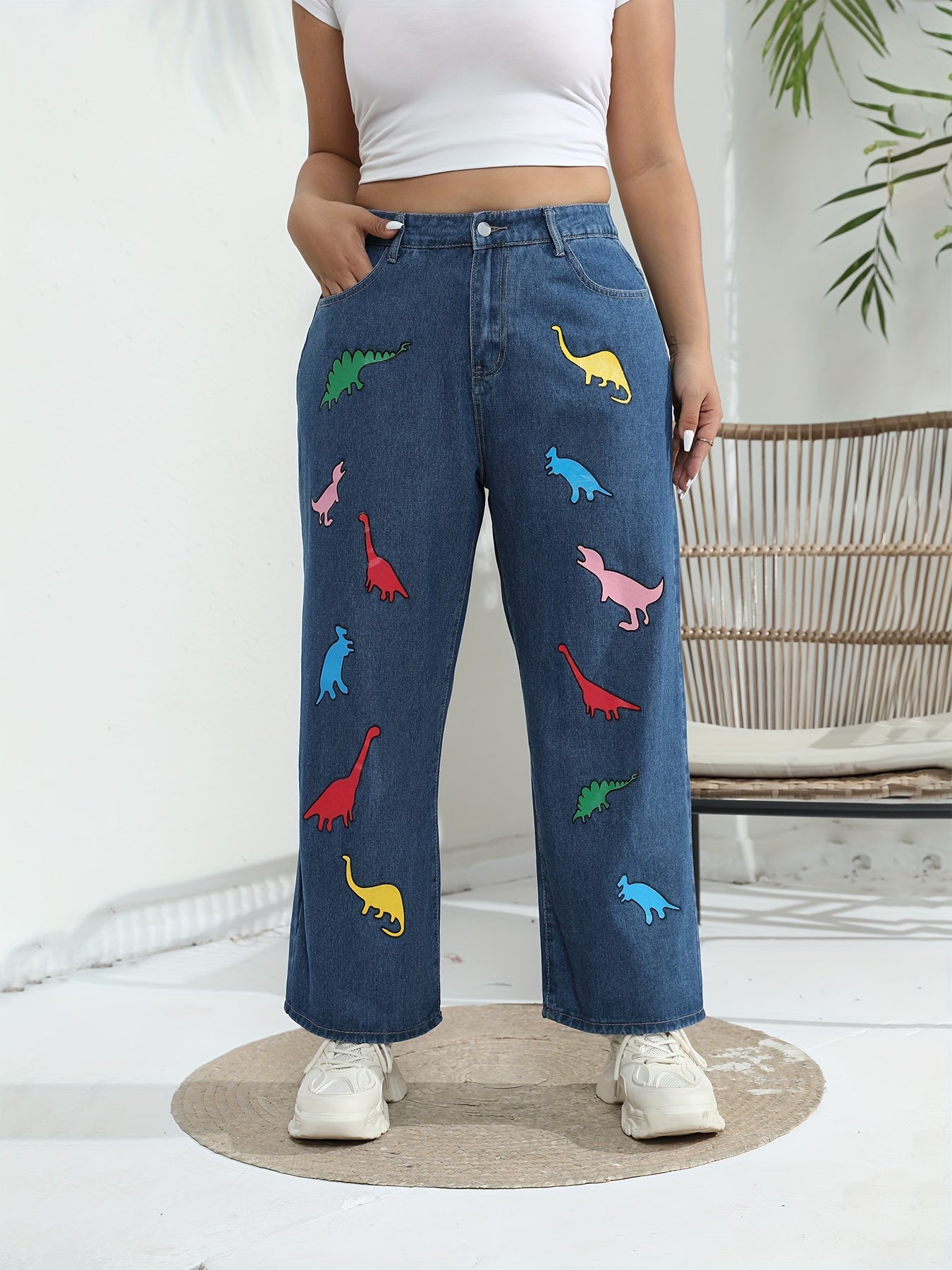 Plus Size Women's Dinosaur Print Wide Leg Jeans