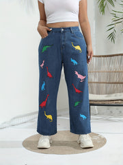 Plus Size Women's Dinosaur Print Wide Leg Jeans