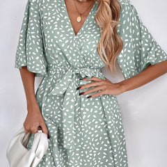 Floral Print Tie Front Dress V Neck Short Sleeve Dress Casual