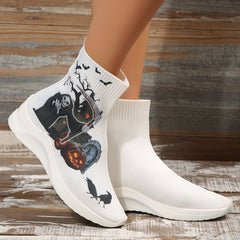 Women's Ghost & Pumpkin High Top Sock Shoes Halloween Ankle Boots
