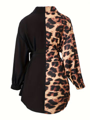 Colorblock Leopard Print Long Sleeve Button Up Tunic Shirt Top