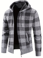 Men's Full Zip Up Casual Hooded Cardigan Plaid Sweater Jacket