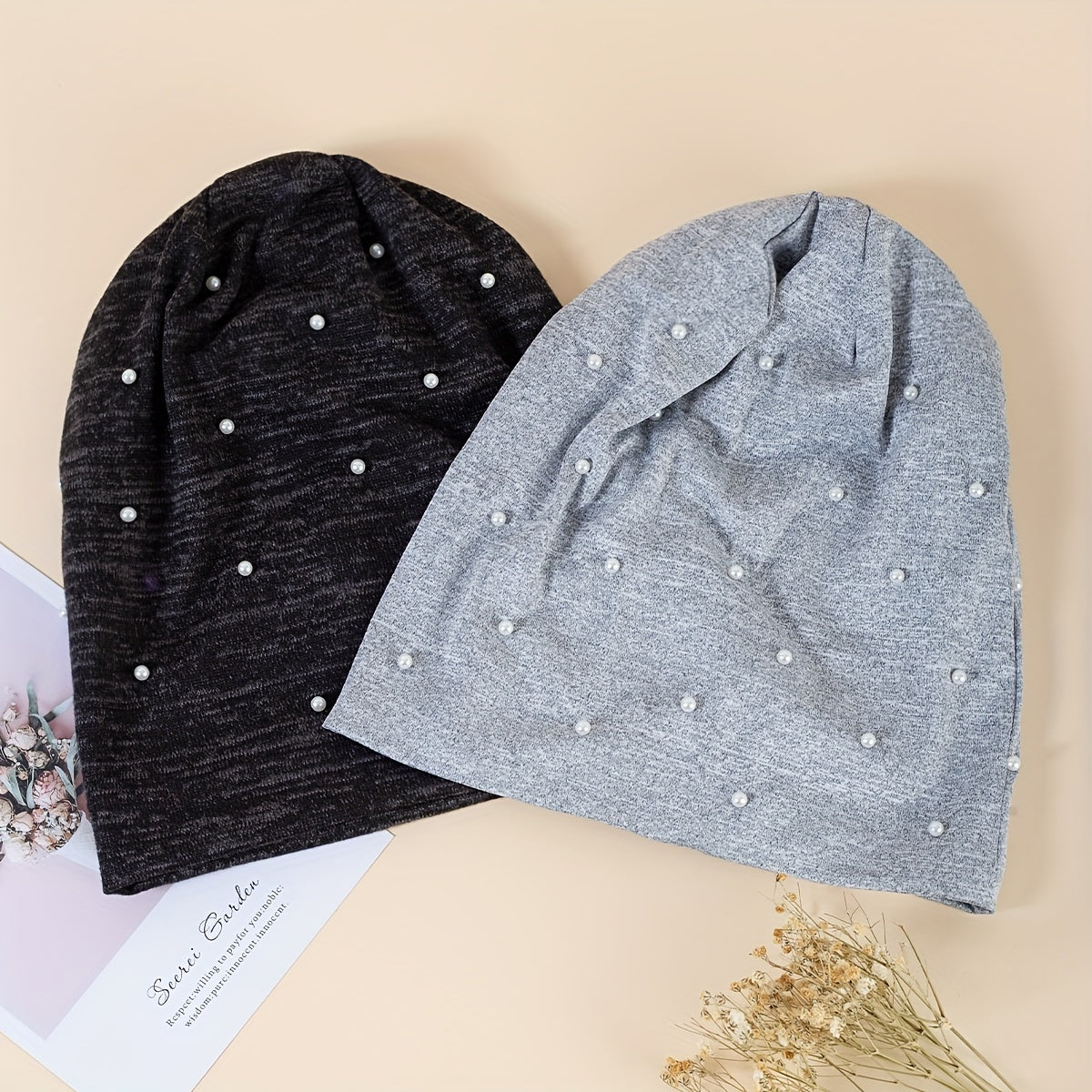 Faux Pearl Decor Beanie Hip Hop Solid Skull Cap Warm Bonnets For Women