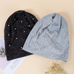 Faux Pearl Decor Beanie Hip Hop Solid Skull Cap Warm Bonnets For Women