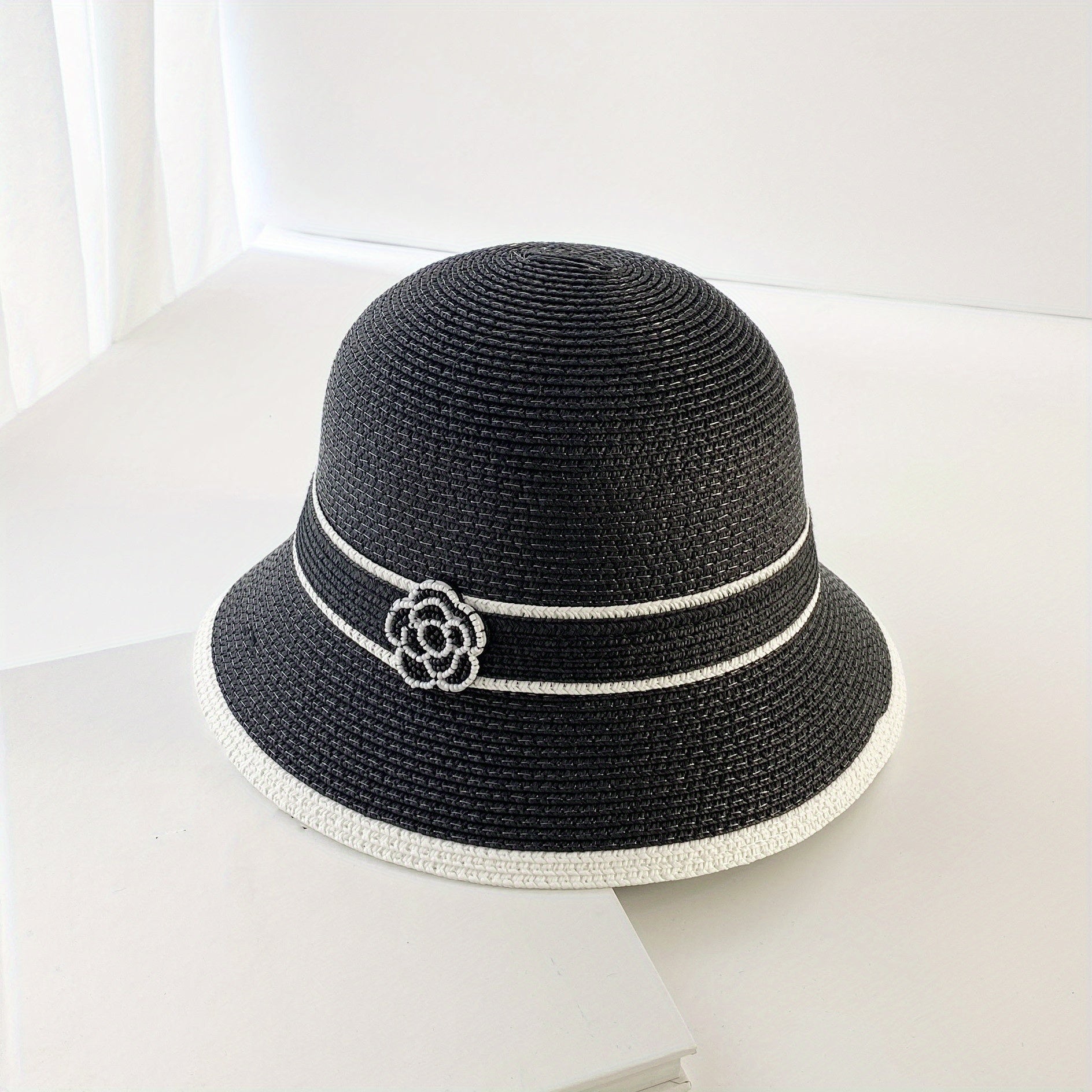 Camellia Straw Sun Hat Striped Bucket Hats Outdoor Travel Beach Hats For Women