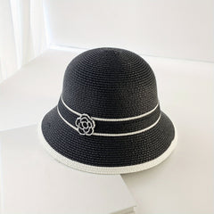 Camellia Straw Sun Hat Striped Bucket Hats Outdoor Travel Beach Hats For Women