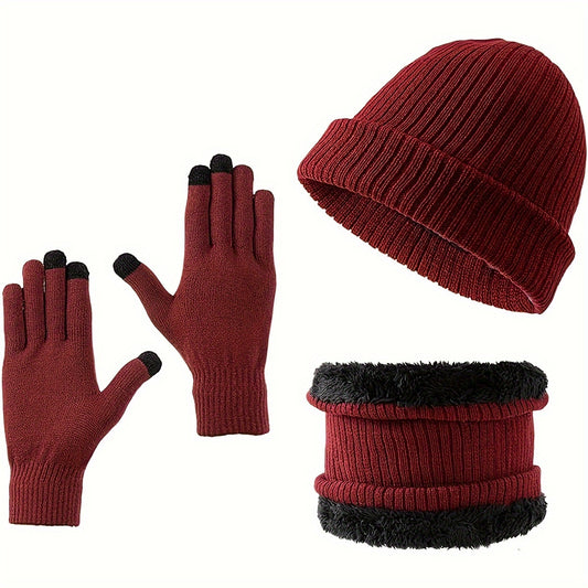 3 Piece Set Winter Scarf Gloves Hat Plus Velvet Knitted Warm Solid Breathable