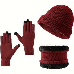 3 Piece Set Winter Scarf Gloves Hat Plus Velvet Knitted Warm Solid Breathable