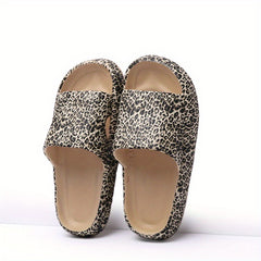 Leopard Print Slides Open Toe Slip On Shoes Women's Comfy Indoor Shoes