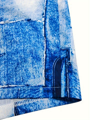 Denim Print Short Sleeve Surplice Neck Romper