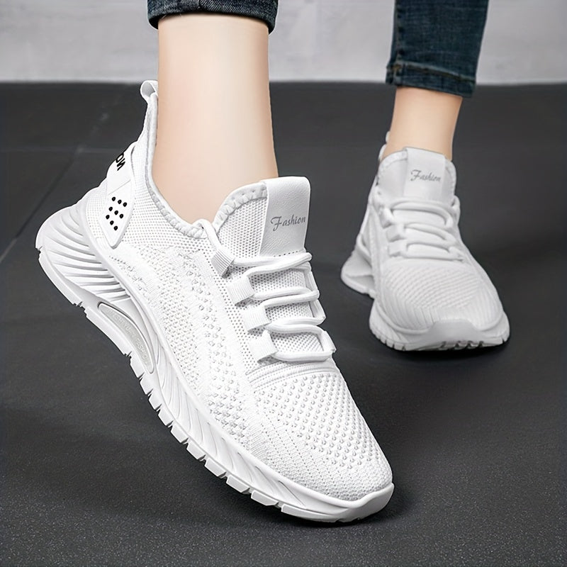Women's Solid Knit Sneakers Lace Up Low Top Mesh Sports Shoes