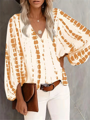 Casual Blouse Women's V Neck Lantern Sleeve Top
