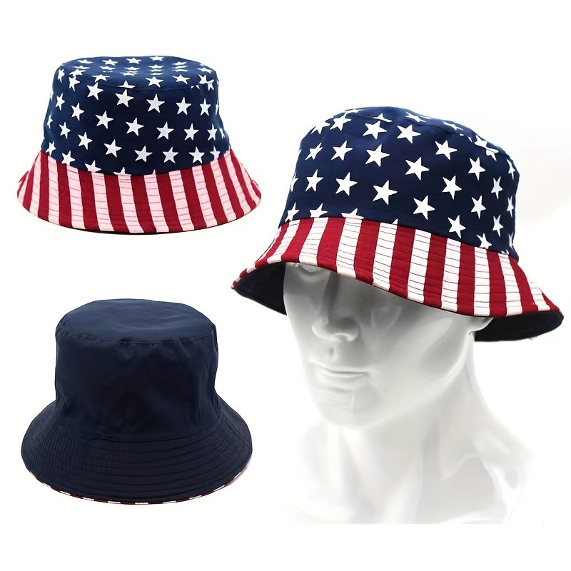 American Flag Print Bucket Hat Reversible Patriotic Fisherman Cap