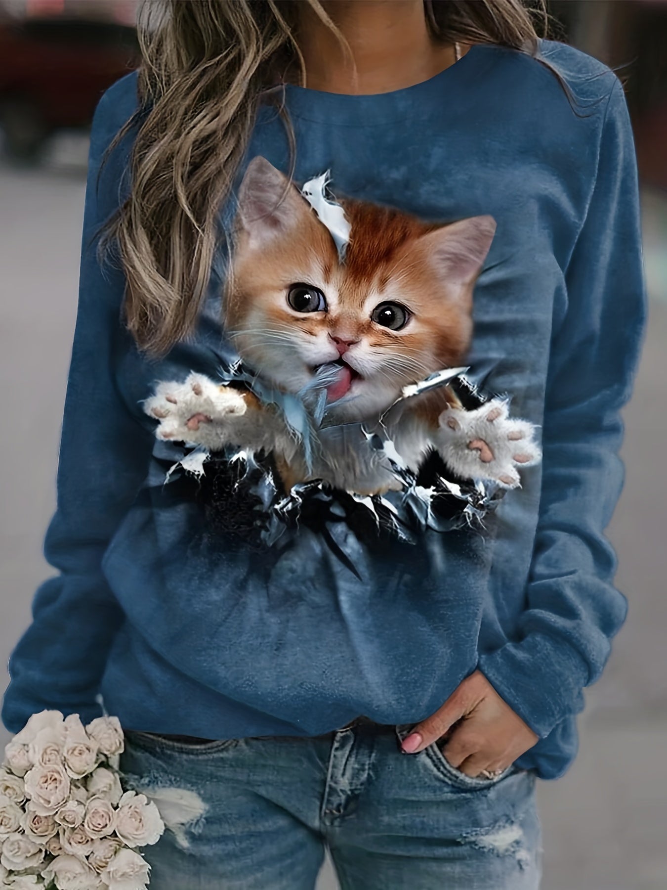 Animal Print Crew Neck Sweatshirt for Women