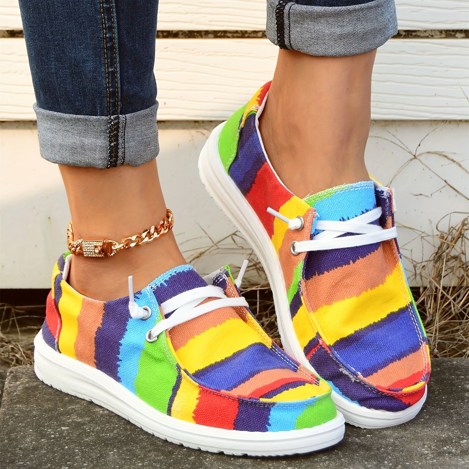 Striped Print Canvas Shoes Colorblock Lace Up Round Toe Casual Shoes
