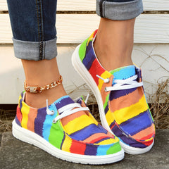 Striped Print Canvas Shoes Colorblock Lace Up Round Toe Casual Shoes