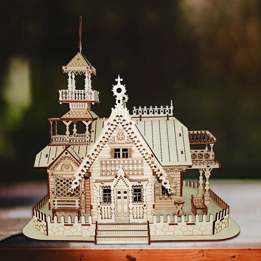Wooden LED Villa Puzzle DIY Assembly Warm Yellow Lights Handcrafted Home Decor