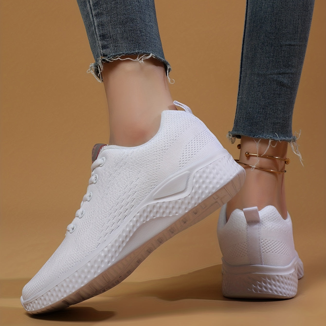 Women's Solid Sneakers Casual Breathable Knit Lace Up Shoes Lightweight