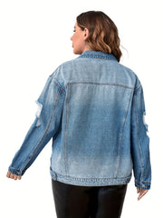 Casual Denim Top Women's Plus Washed Long Sleeve Button Up Jacket