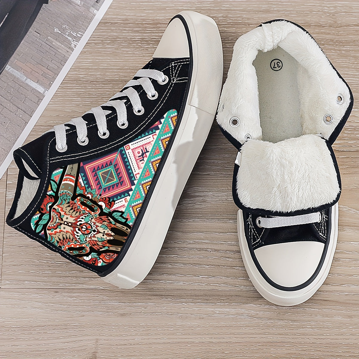 Cow Print Plush Lined Chunky Canvas Sneakers Warm Breathable Non Slip