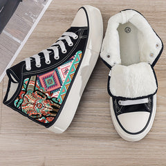 Cow Print Plush Lined Chunky Canvas Sneakers Warm Breathable Non Slip