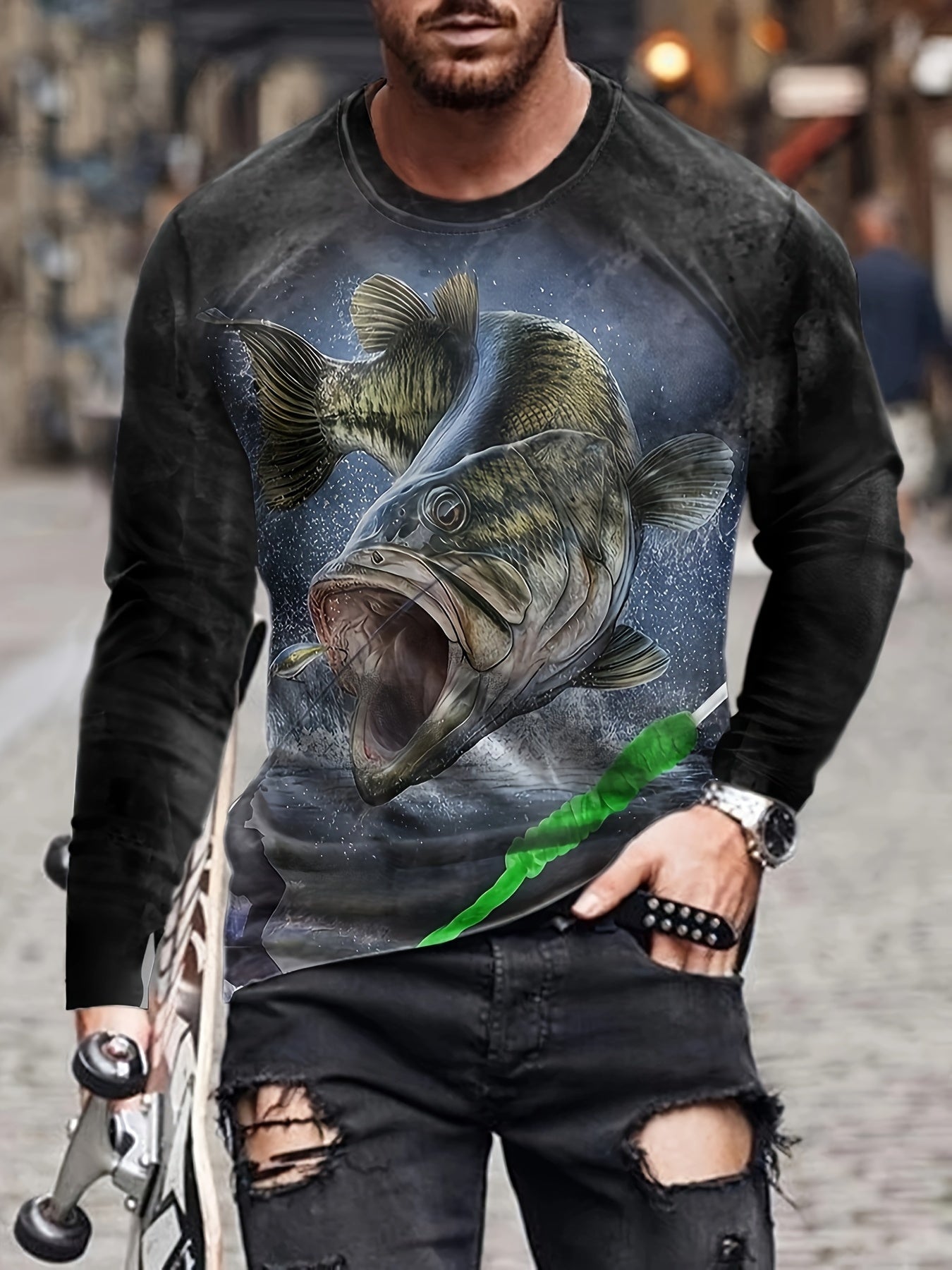 Fish Print Men's Long Sleeve T shirt for Autumn